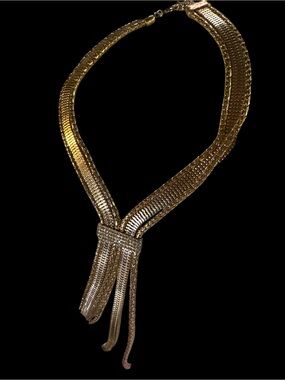 Unique Gold Multiple Liquid Design Layers w/ Crystal Bar Statement Necklace